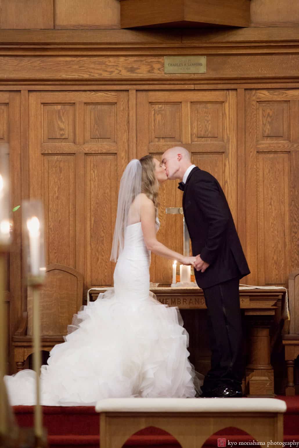 Bride and groom kiss in Princeton United Methodist Church wedding photo by Kyo Morishima Photography