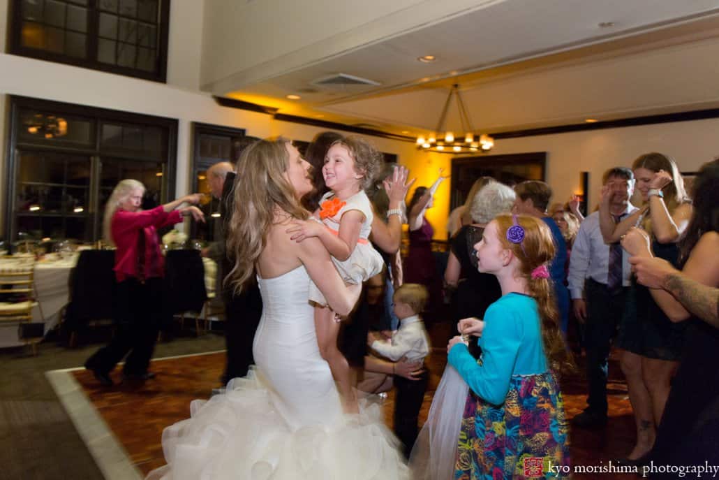 Bride dances with kids during Cherry Valley Country Club wedding with music by 74 Events