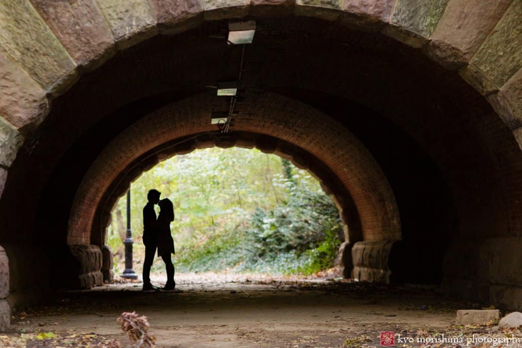 Under the bridge at Prospect Park engagement session photographed by Kyo Morishima