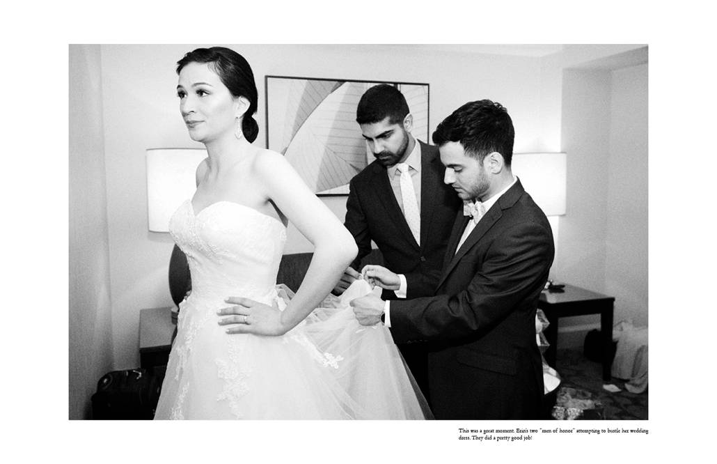 "Men of honor" help bustle the bride as she gets ready for her wedding at Hyatt Regency Jersey City