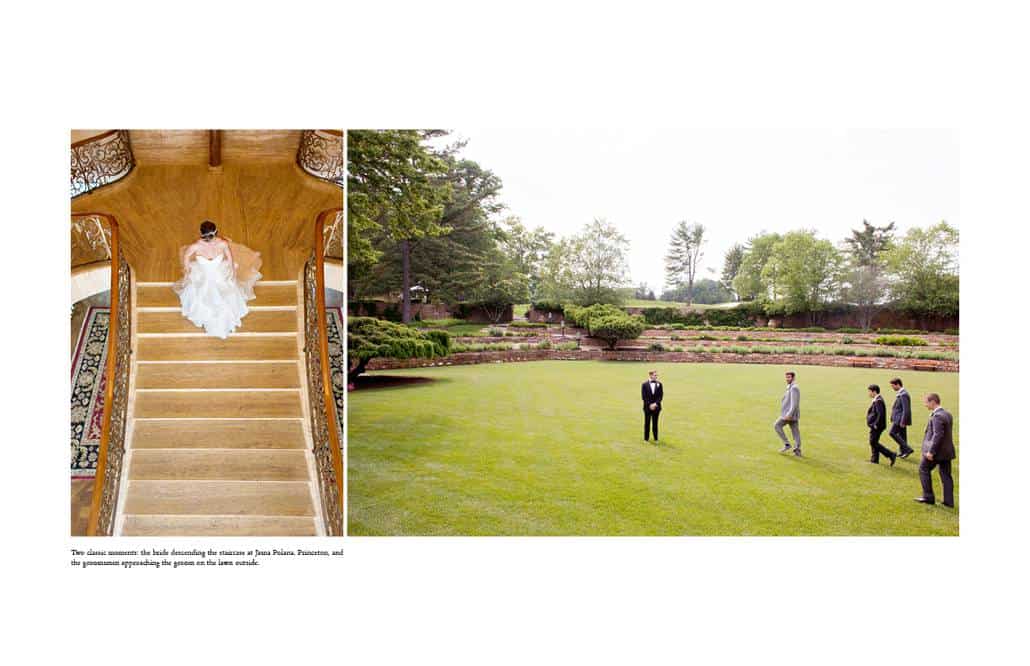 Bride descends the staircase at Jasna Polana and groomsmen await wedding portraits on the lawn