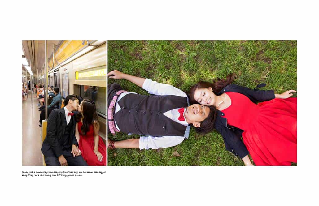 Engagement photos of Japanese couple on NYC subway and lying on the grass in Central Park