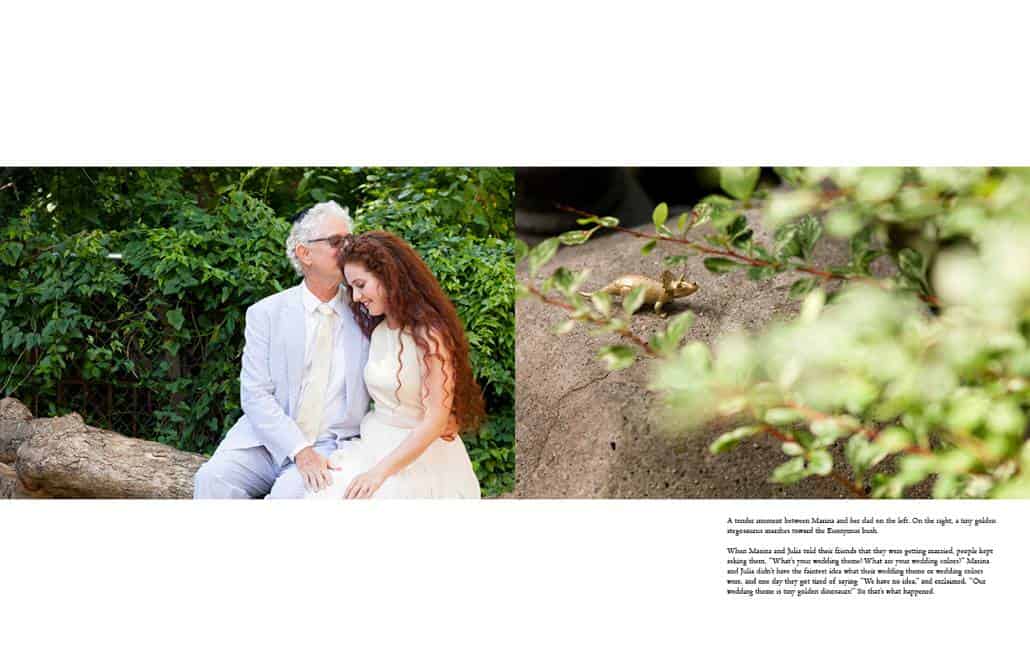 Bride wearing Mara Hoffman wedding dress shares a tender moment with father wearing seersucker suit.