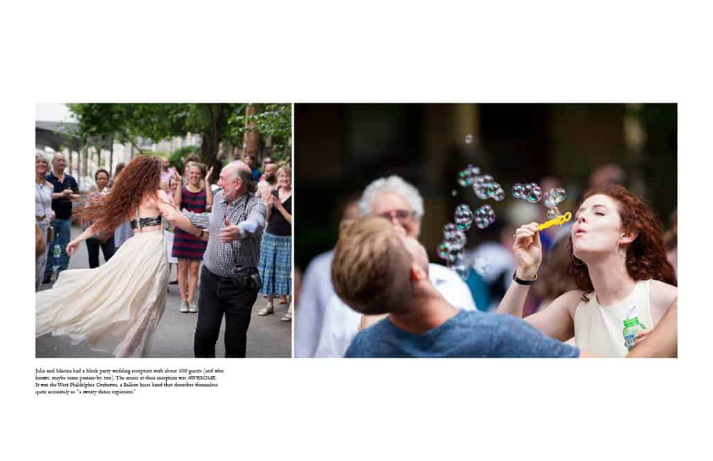 A block party wedding with music by the West Philadelphia Orchestra and bubbles for play.