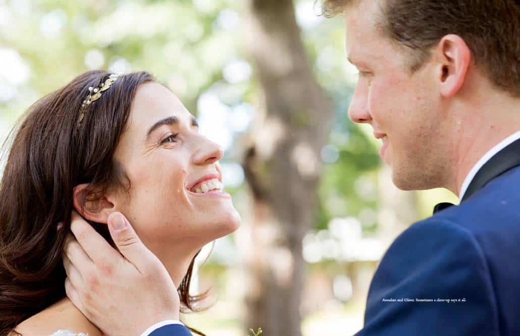 Closeup bride and groom portrait at Governors Island wedding in NYC