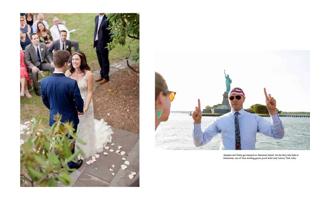 Governors Island wedding photo and guest posing on ferry with Statue of Island in the background