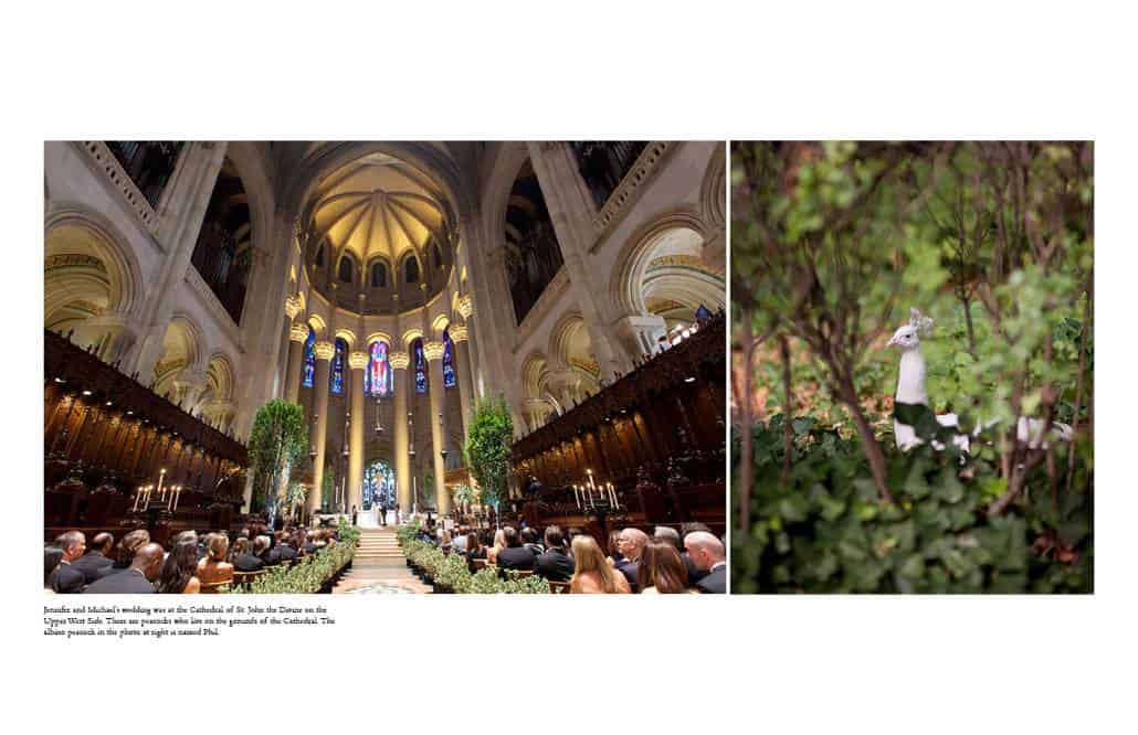 Cathedral of St. John the Divine wedding ceremony with trees and roses lining the aisle; at right is Phil the albino peacock on the grounds of the cathedral.