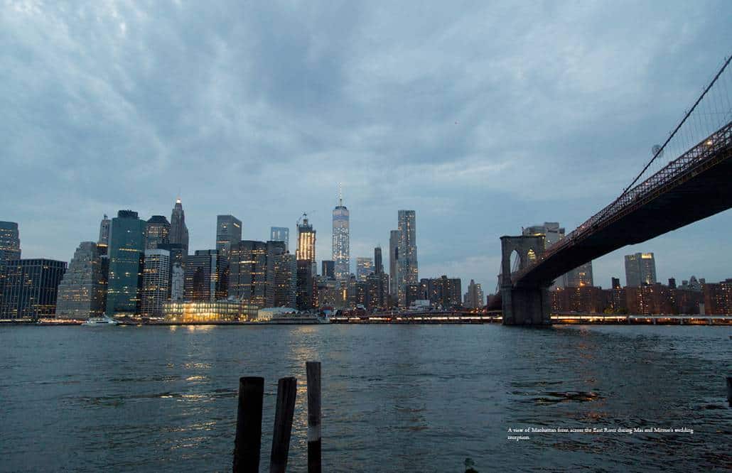 A view of downtown Manhattan from the River Cafe next to the Brooklyn Bridge