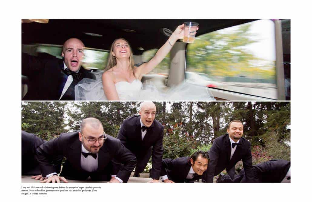 Bride and groom celebrate in A-1 Limo on their way to Cherry Valley Country Club, and groom poses for push-up portrait with groomsmen at Prospect Gardens