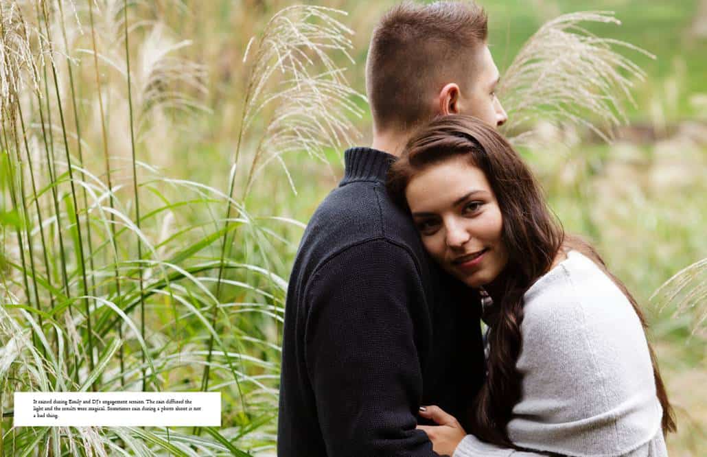 Jasna Polana engagment picture on a rainy day