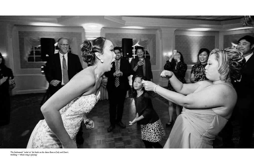 Photojournalist wedding photographer in New Jersey: bride and bridesmaid have a blast on the dance floor