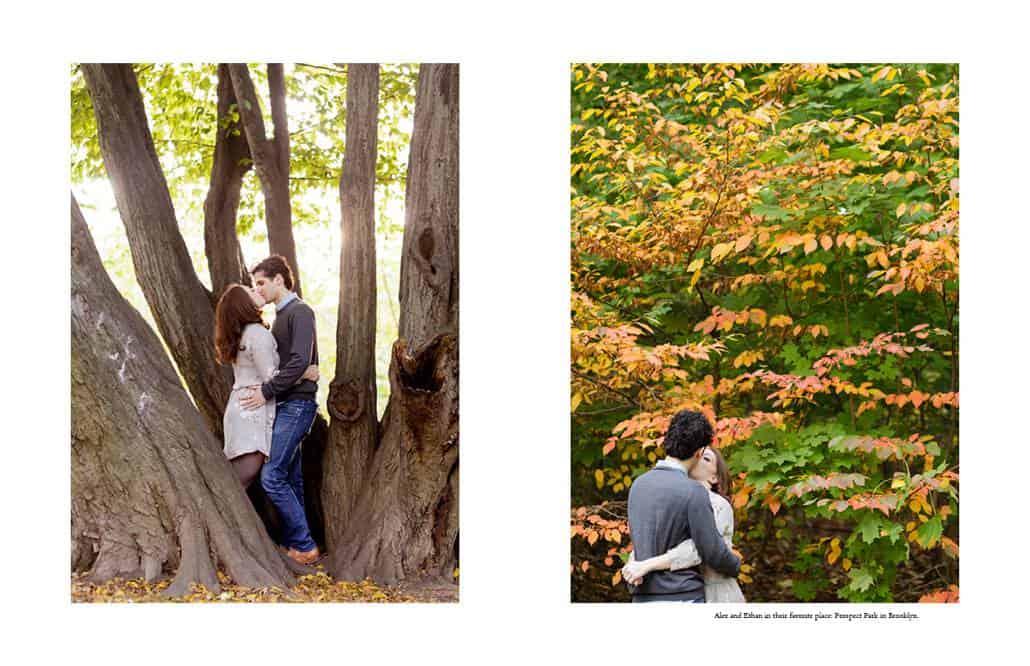 Prospect Park engagement photographer in Brooklyn: a couple kisses with autumn foliage behind them