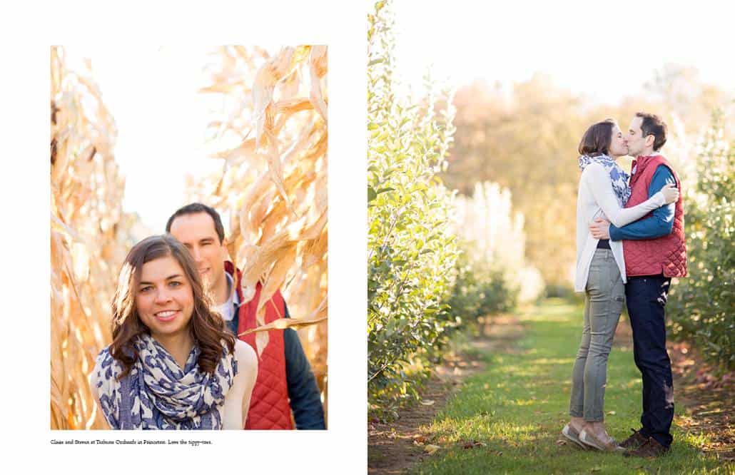 Engagement pictures at Terhune Orchards in Princeton, NJ: a couple walks through the cornfield and kisses in an alley of apple trees