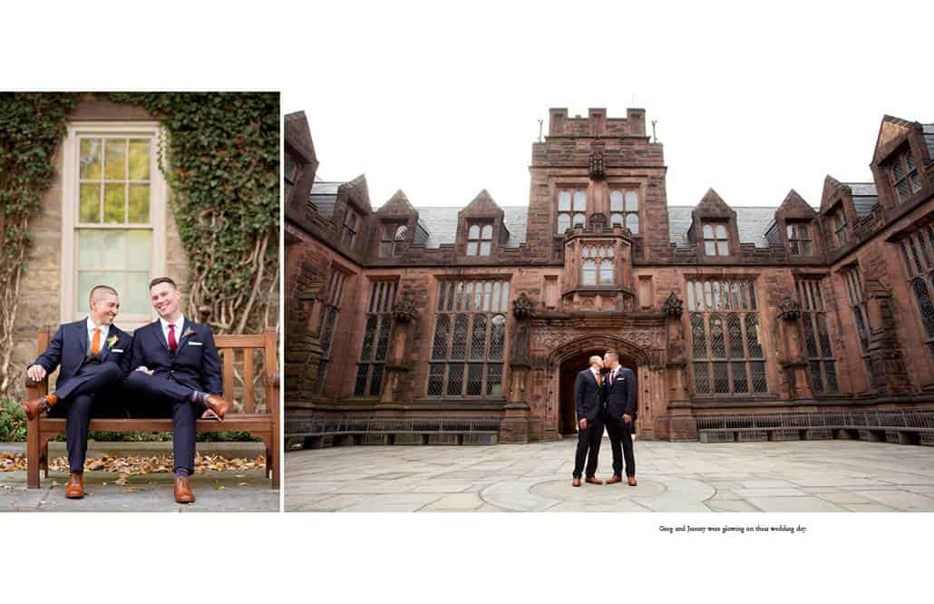 Same-sex wedding photographer in Princeton: a couple pose for wedding portraits on campus at Princeton University