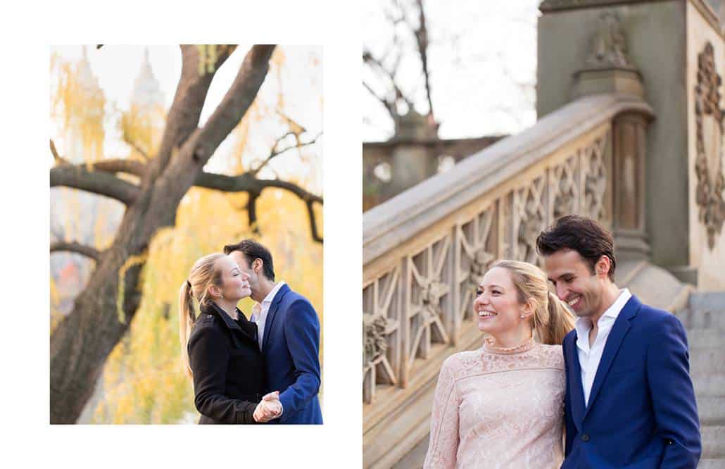 Central Park engagement ideas: posing under the weeping willows, descending the stone staircase at Bethesda Terrace