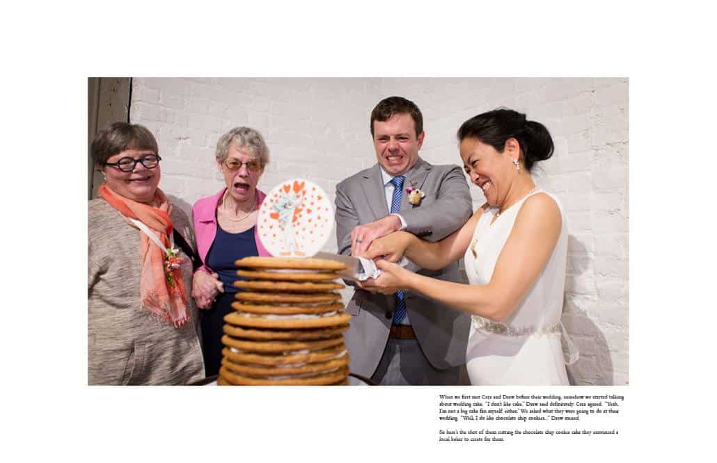 Bride and groom slice into chocolate chip cookie wedding cake by by Naidre's Cafe and Bakery, at Invisible Dog Art Center wedding in Brooklyn