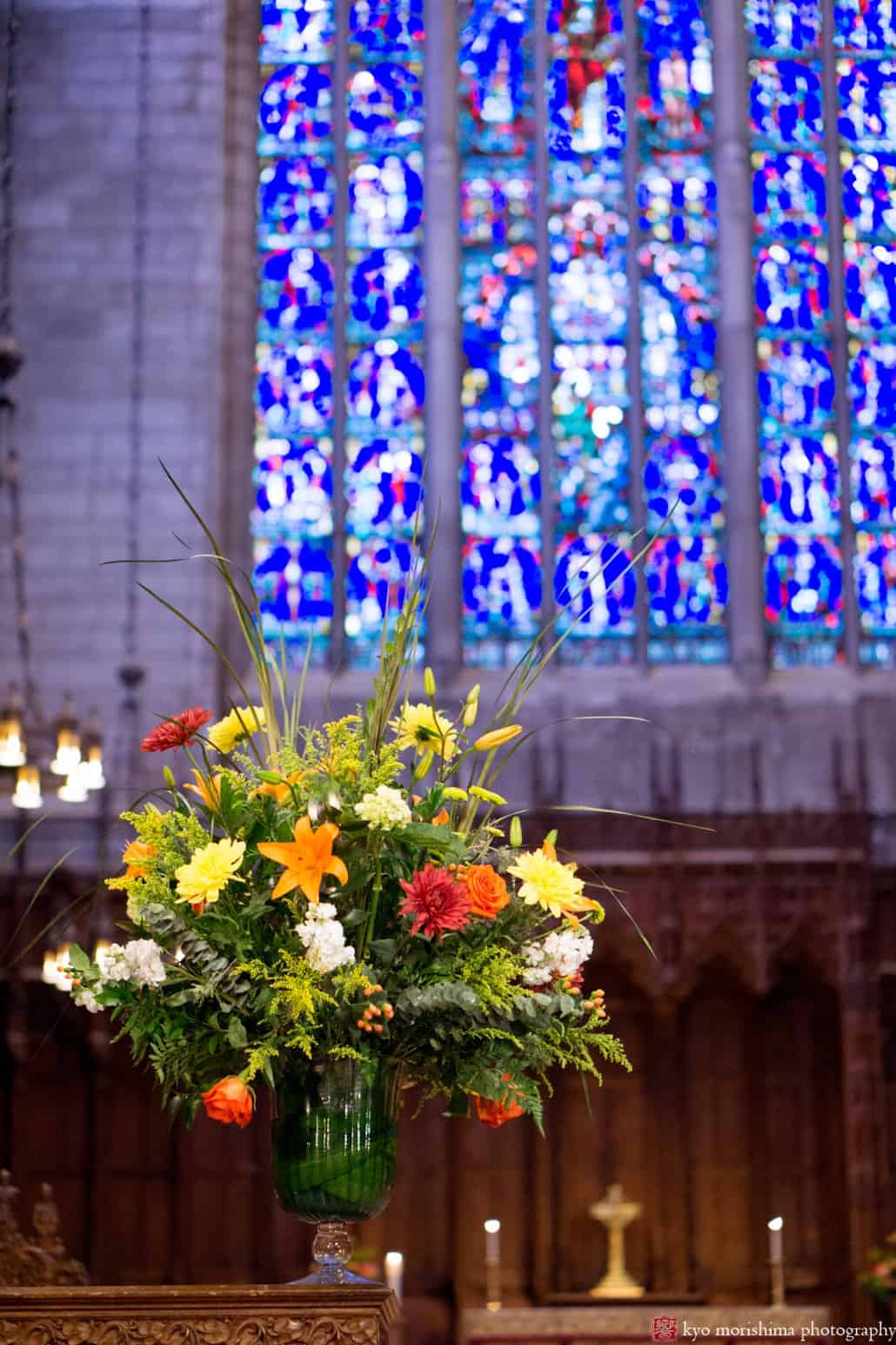 Colorful fall wedding flower bouquet by Monday Morning Flowers, photographed in Princeton University Chapel