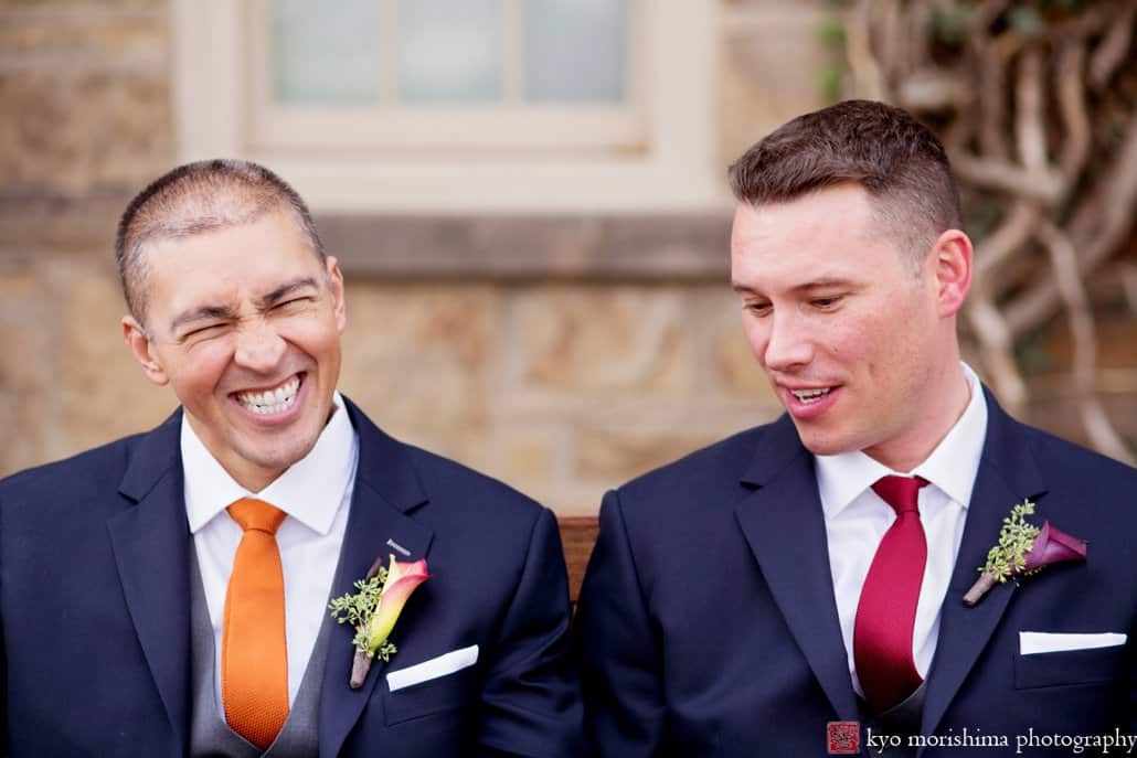 Laughing during Princeton wedding portrait session - orange and pink ties