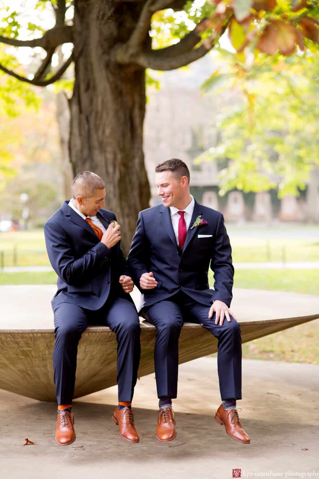 Getting ready for the wedding portrait in Princeton quad