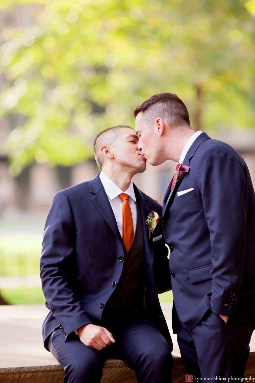 LGBT wedding portrait kiss on Princeton campus, photographed by Kyo Morishima