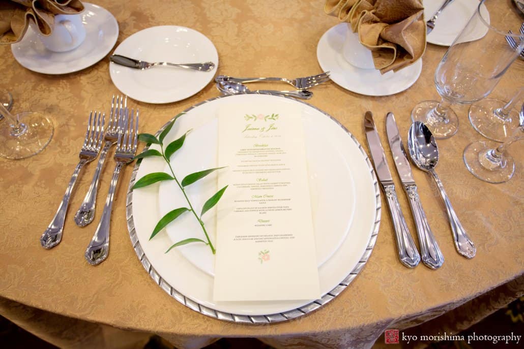 Italian ruscus tabletop wedding decor with gold accent tablecloth by Petal Pushers at the Nassau Inn in Princeton, NJ