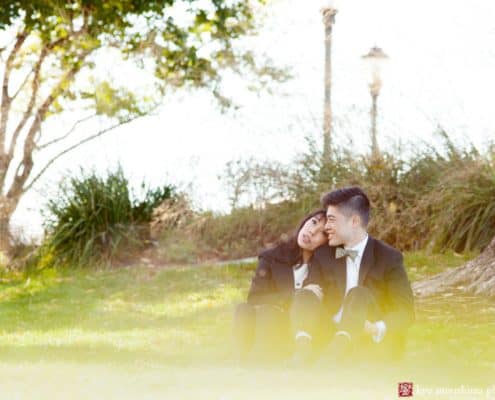 Wedding portrait in downtown NYC park of Chinese bride wearing Kate Spade dress and Japanese-Brazilian groom wearing bow tie