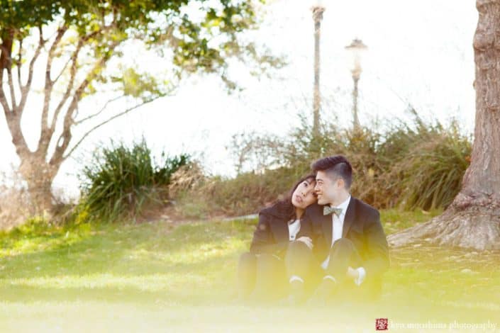 Wedding portrait in downtown NYC park of Chinese bride wearing Kate Spade dress and Japanese-Brazilian groom wearing bow tie