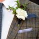 white rose boutineer, navy ribbon, dark plaid suit, purple gingham pocket square, Kristin Rockhill florsit, Nassau Inn, Princeton, NJ wedding photographer.
