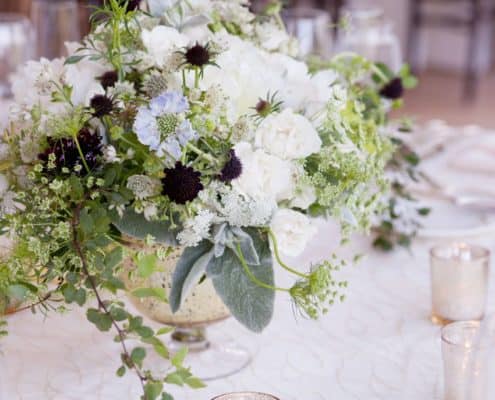 organic wedding floral centerpiece, white, sage and dark purple, tealights, white linens, Katherine Toland florist, Jasna Polana Princeton, NJ wedding photographer