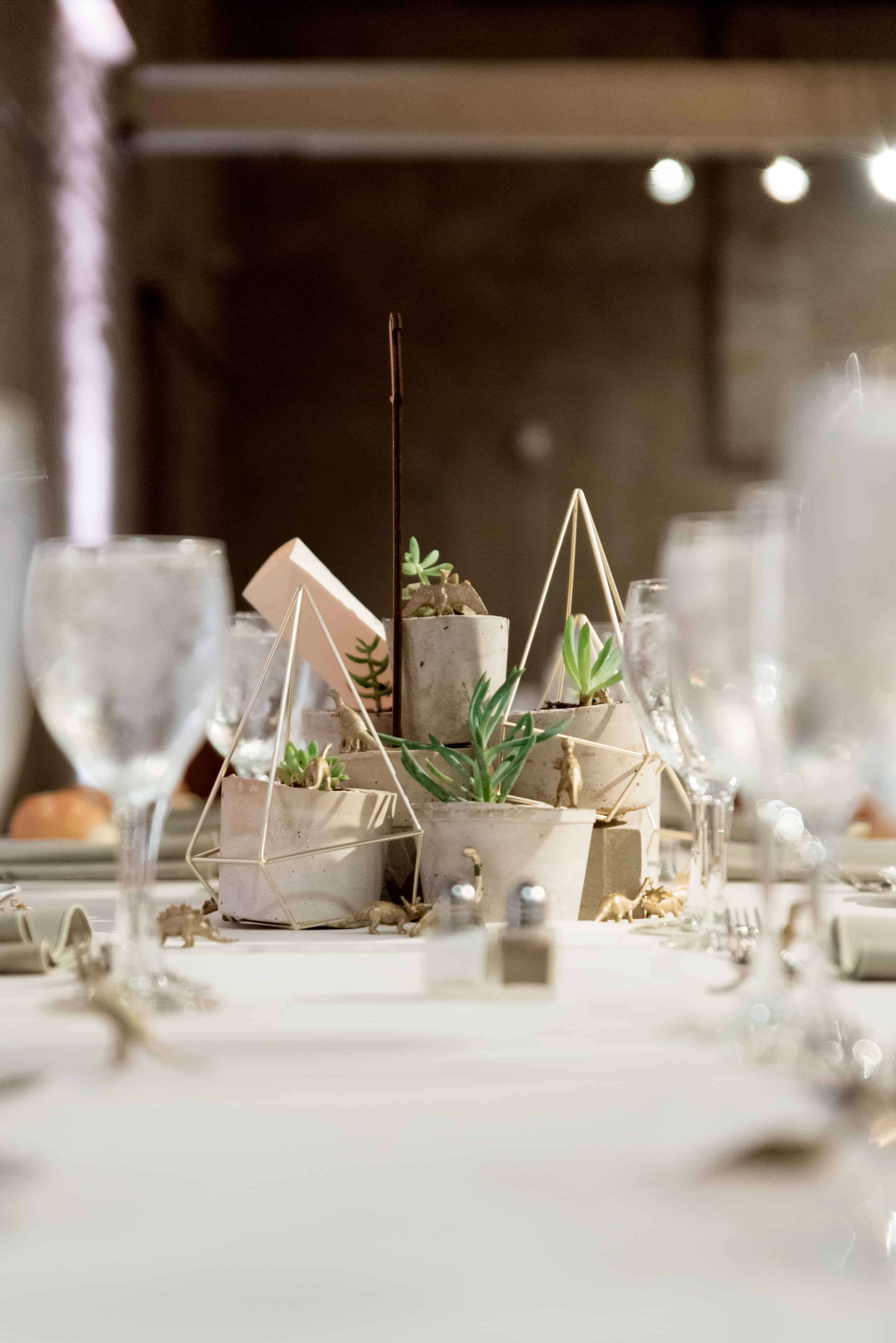 succulents in hupertufa pots surrounded by wooden matchstick frames as wedding table centerpiece. tiny gold dinosaurs, Front and Palmer Phiadelphia PA wedding photographer.