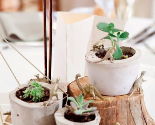 succulents in hypertufa pots on tierd wooden base with tiny dinosaurs wedding table centerpiece. DIY wedding flowers, Front and Palmer Philadelphia PA wedding photographer.