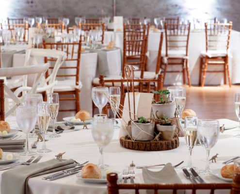 wedding table settings with white tablecloths, wooden tiered centerpiece, succulents in hypertufa pots, taupe napkins, bread and butter plates, wooden chiavari chairs, Front and Palmer, Philadelphia, PA wedding photographer, DIY wedding flowers.