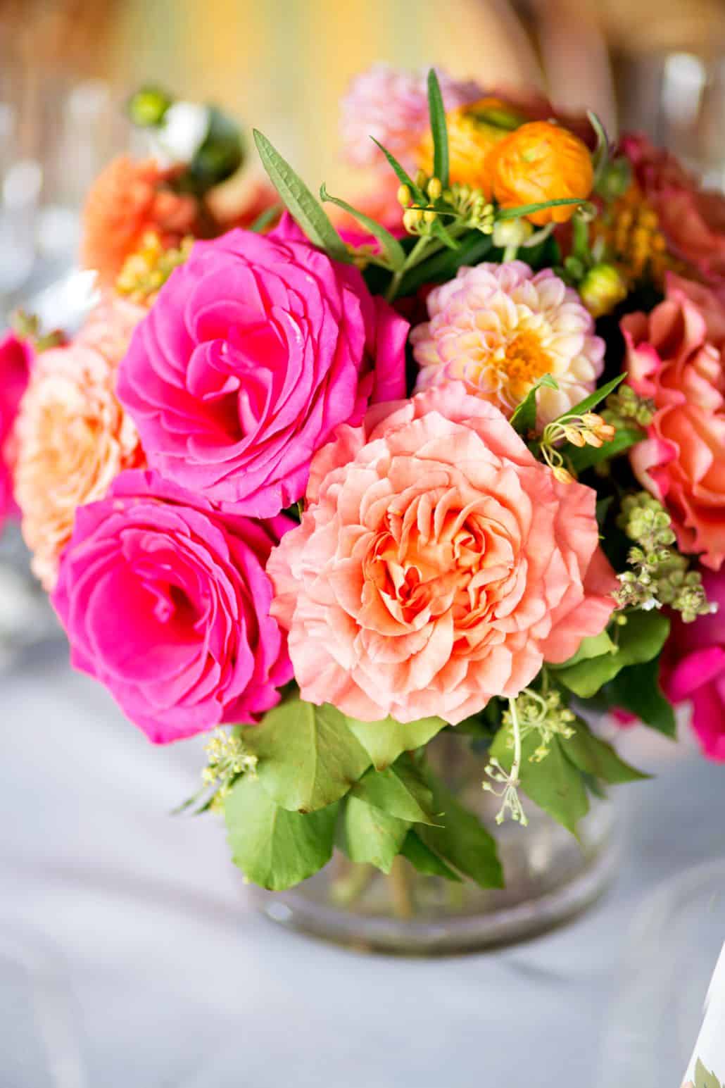 fuscia, peach, orange and green wedding centerpiece, Etsuko Planning, River Cafe Brooklyn NY wedding photographer.