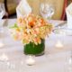 peach tulip with green base wedding centerpiece, tealights, white napkins, clear stemware, Karen Brown Events NYC wedding photographer.