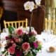 pink and fuscia rose wedding centerpiece with orchid, white linens, gold chiavari chairs, Karen Brown Events NYC wedding photographer.