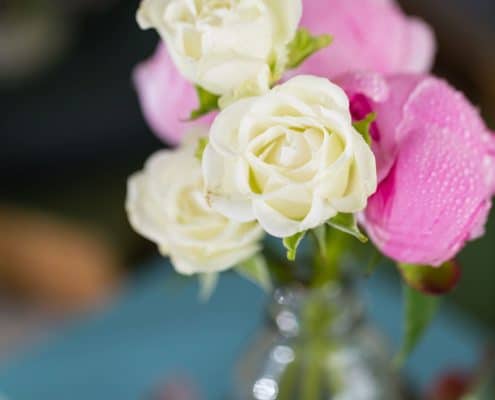 close up of pink and white rose in bud vase at Chauncey Center wedding in Princeton, NJ. Kristin Rockhill florist, New Jersey wedding photographer.