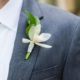 honeysuckle boutineer wrapped with gold polka dot ribbon. dark grey suit, Kristin Rockhill florist, Nassau Inn, Princeton, NJ wedding photographer.