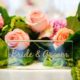 clear bride & groom plaque amongst roses, tulips, peonies and orchids, peach and fusica wedding table floral arrangements, Kristin Rockhill florist, Nassau Inn, Princeton NJ wedding photographer.
