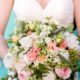 large, mixed flower wedding bouquet, pale pinks,white and green accents, peonies, roses, ruched spaghetti strap wedding dress, Quatre Coeur florist, the water club, NYC wedding photographer