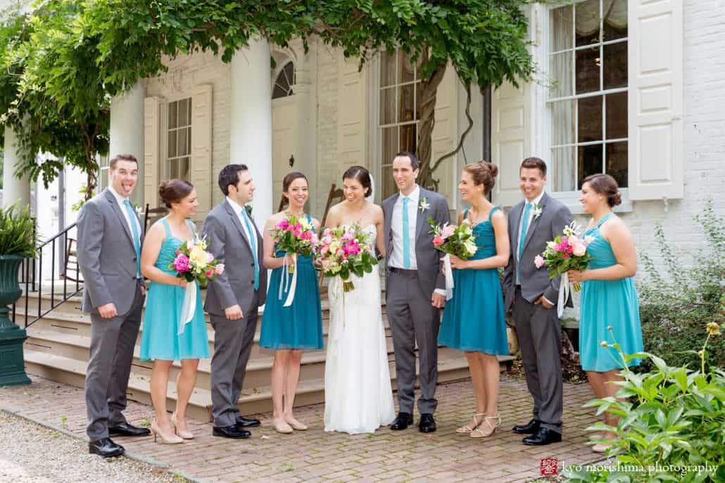 Morven museum House wedding party portrait with Chinese wisteria draped across porch in the background