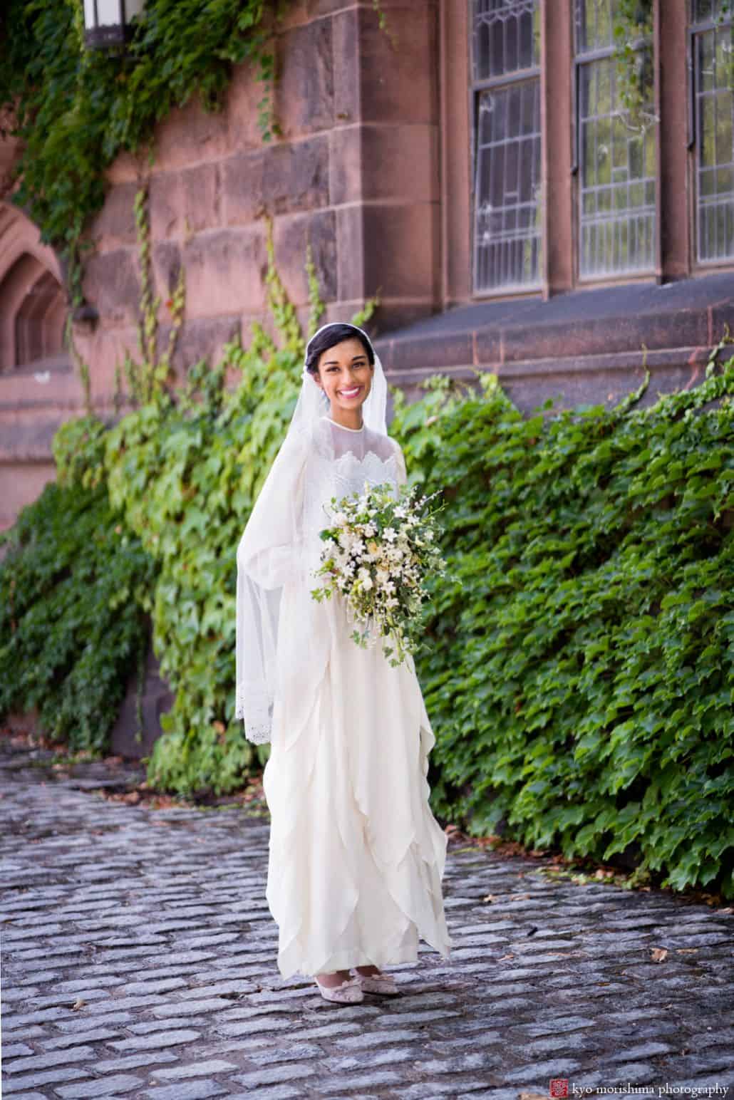 Princeton wedding portrait on a summer day -- bride wears Monique Lhuillier modest wedding dress.