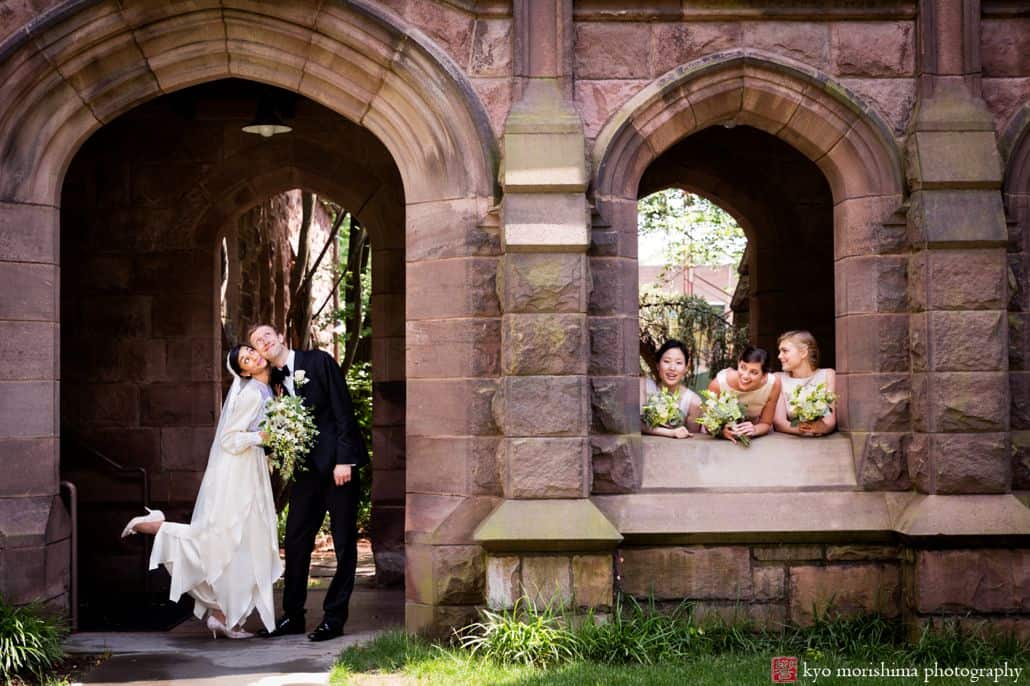 Goofy wedding portrait on campus at Princeton University; bouquets by Wildflowers of Princeton Junction