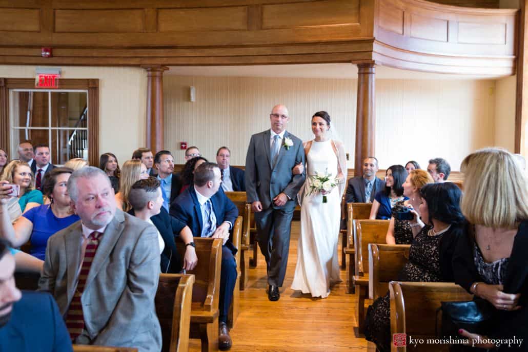 Bride walks down aisle with father at Hunterdon County courthouse intimate wedding, BHLDN wedding dress, The Pod Shop flowers, New Hope, PA wedding photographer.