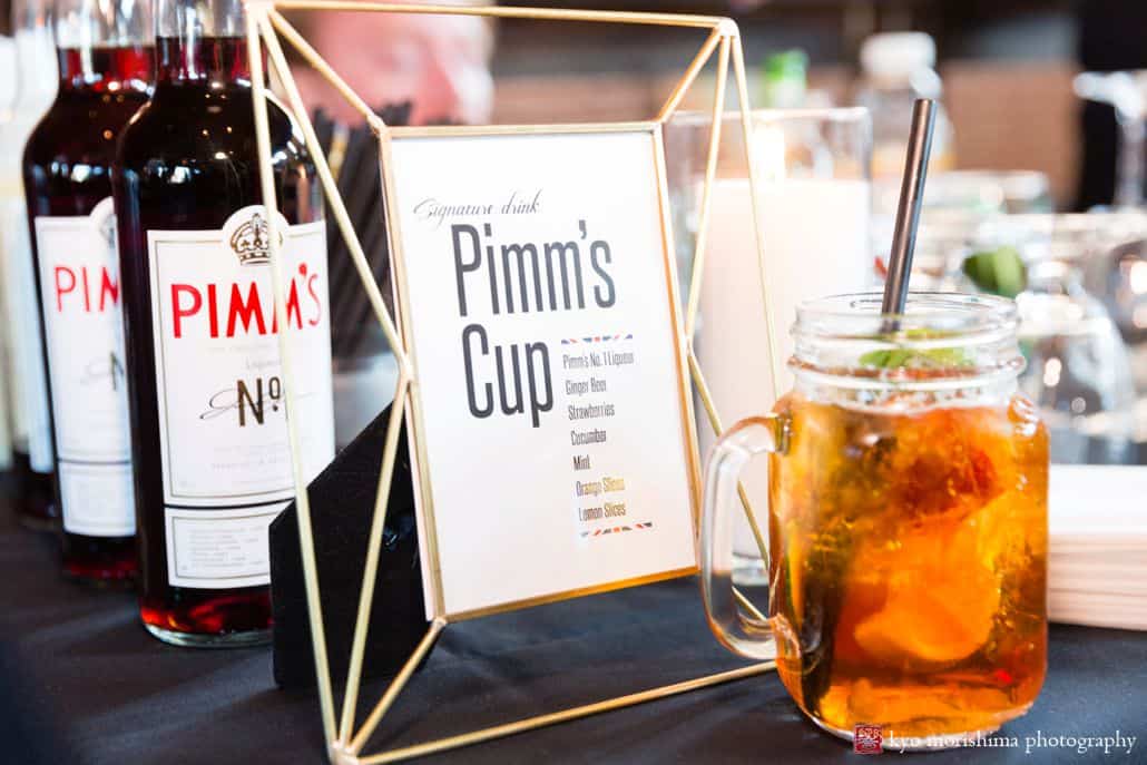 Signature wedding drink sign at Triumph Brewing, New Hope, PA, Pimm's Cup, mason jar glass, intimate wedding detail photographer, triumph brewery wedding photos.