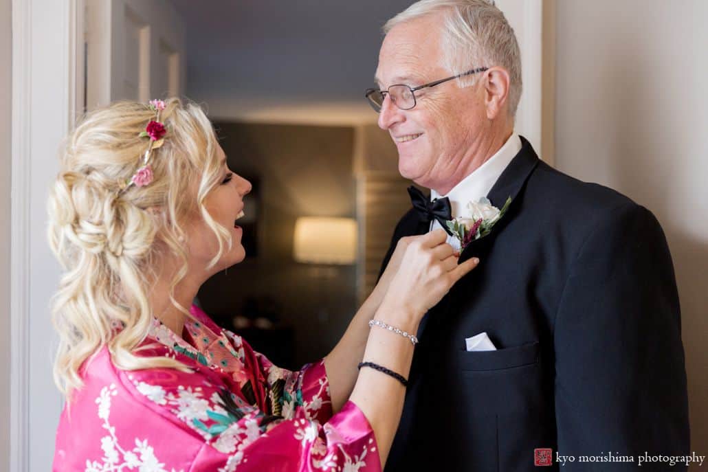 Bridesmaid and father of the bride get ready for the wedding at the Chauncey Conference Center's Laurie House B&B in Princeton, NJ.