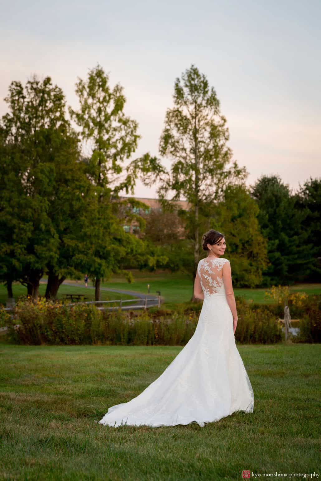 Sunset wedding ideas: bridal portrait with gentle dusk colors in the sky, photographed at Chaucey Hotel and Laurie House Garden Pavilion wedding, Princeton, NJ