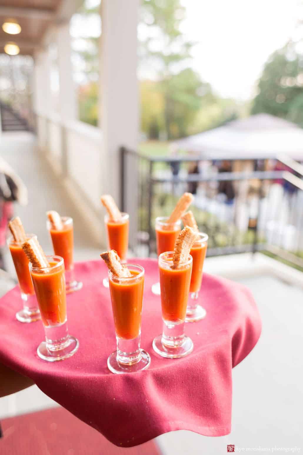 Red pepper gazpacho passed hors d'oeuvres at Princeton University Cap and Gown Club wedding reception 