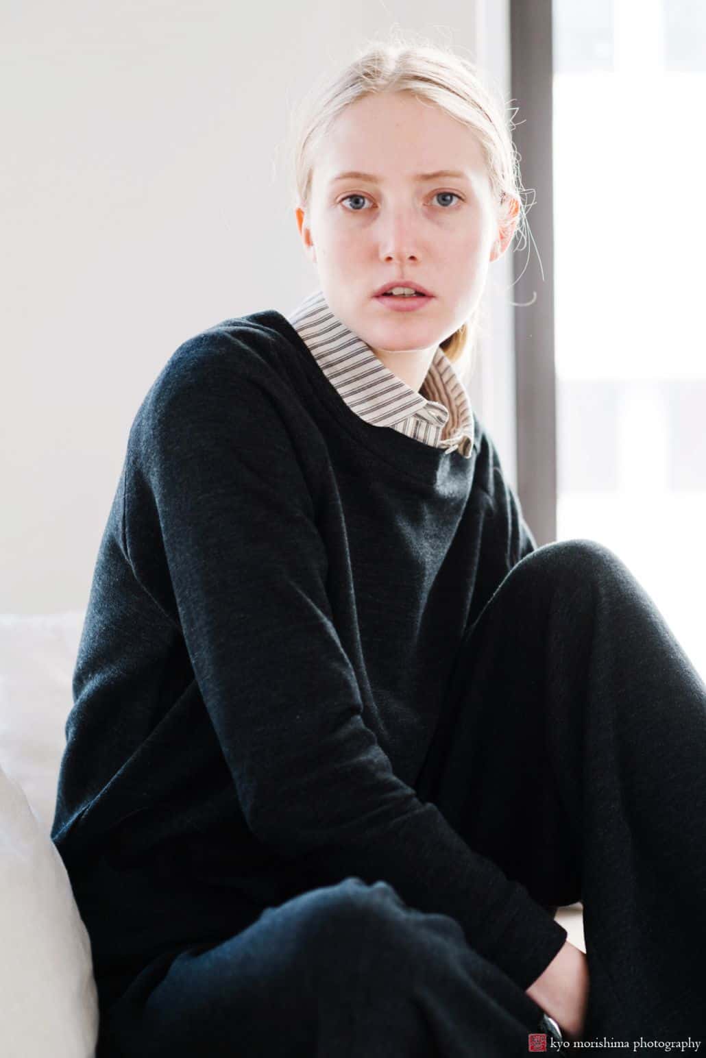 Lookbook photography for Princeton fashion label Semi Gloss NYC winter 2018 collection: striped shirt with collar and oversized black sweater, loose-fitting dark pants