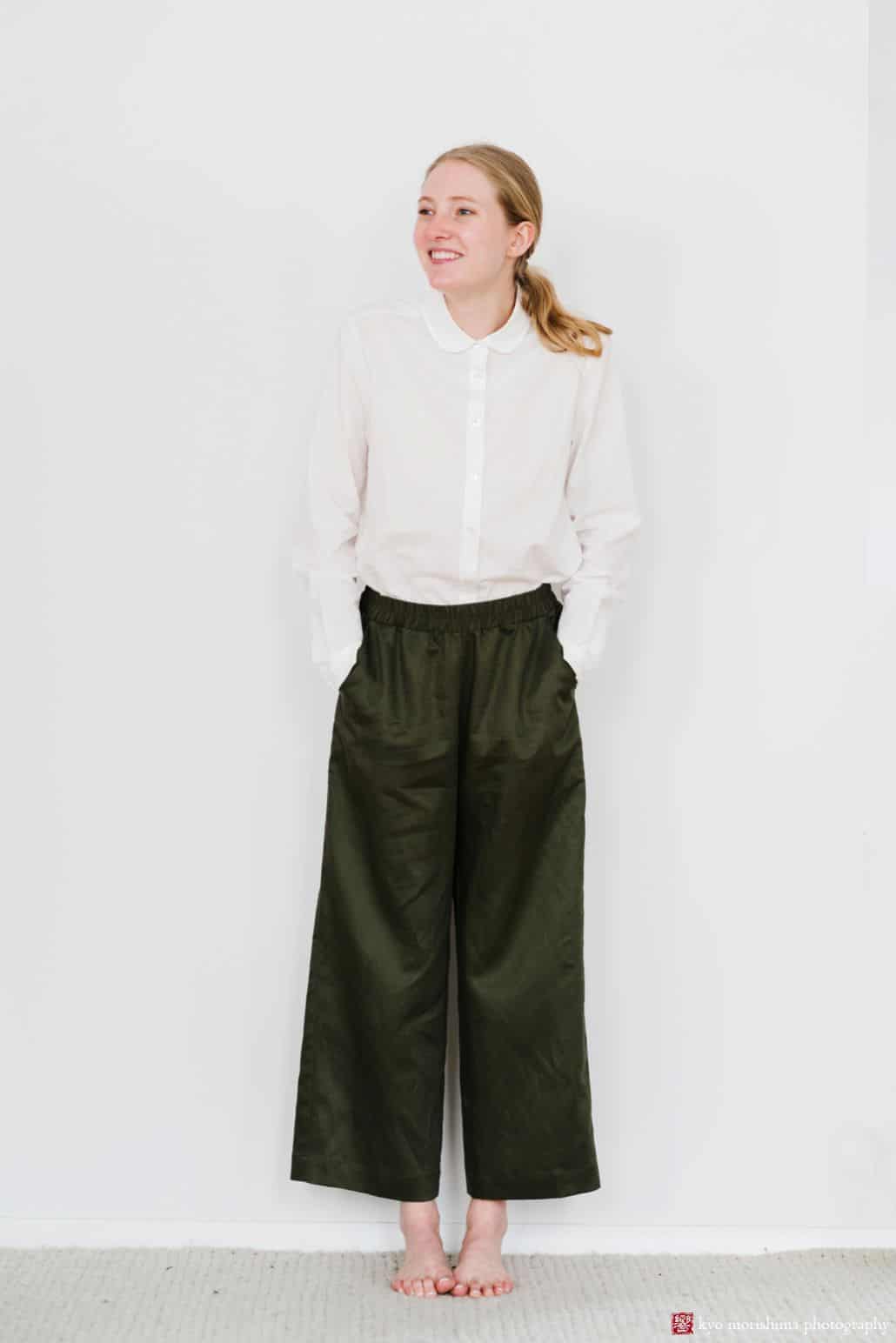 Lookbook photography for Princeton fashion label Semi Gloss NYC winter 2018 collection: white tailored shirt with loose-fitting olive green pants sewn from Japanese fabrics