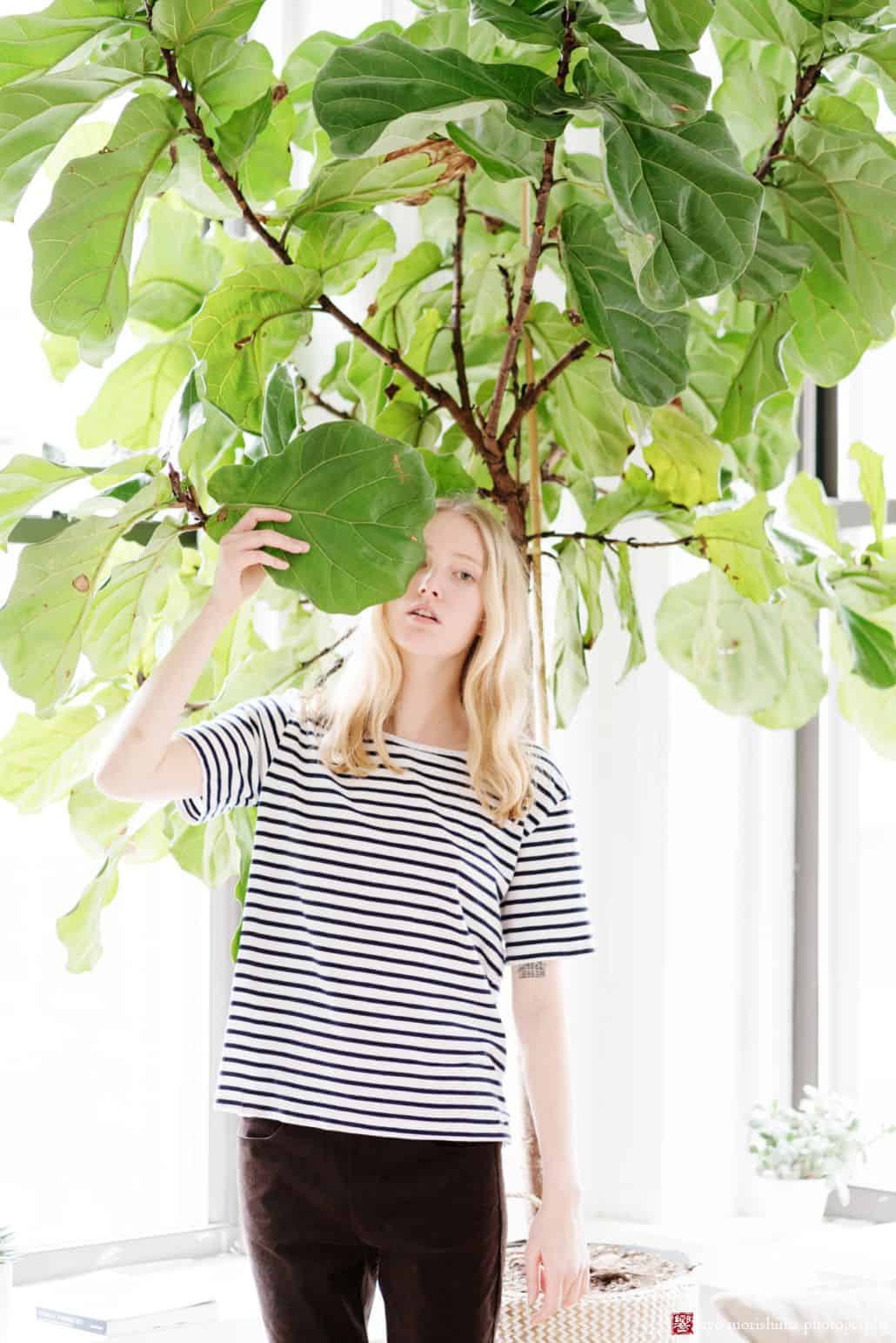 Lookbook photography for Princeton fashion label Semi Gloss NYC winter 2018 collection: black and white striped tee with black pants